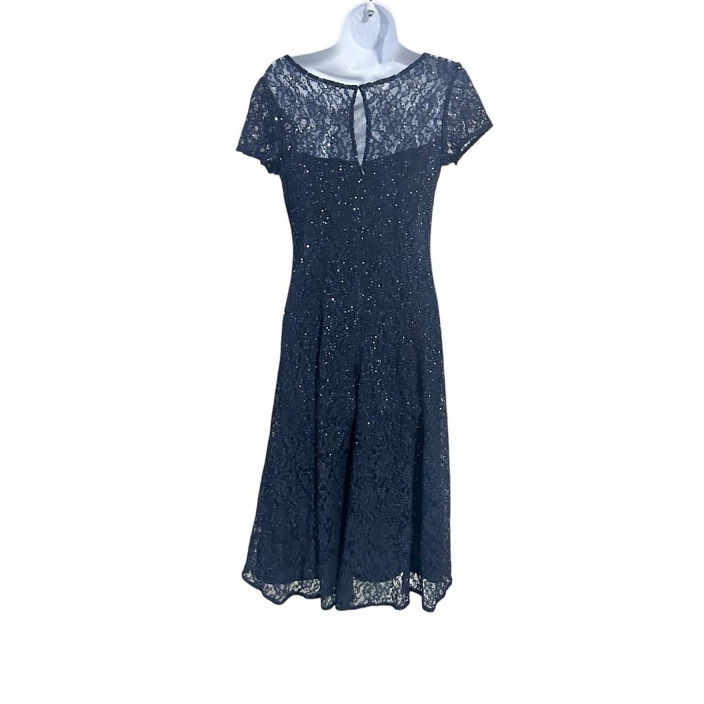 SLNY Navy Blue Sequin Lace Short Sleeve Midi Cocktail Evening Dress Size 2 NWOT - Picture 4 of 7